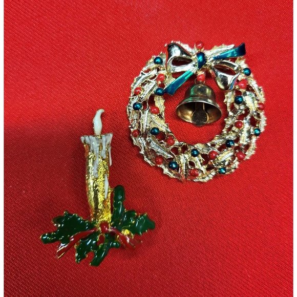 Christmas Pins/ Brooch Set of 2 Christmas Wreath & Bell & Candle Pins - Picture 3 of 9